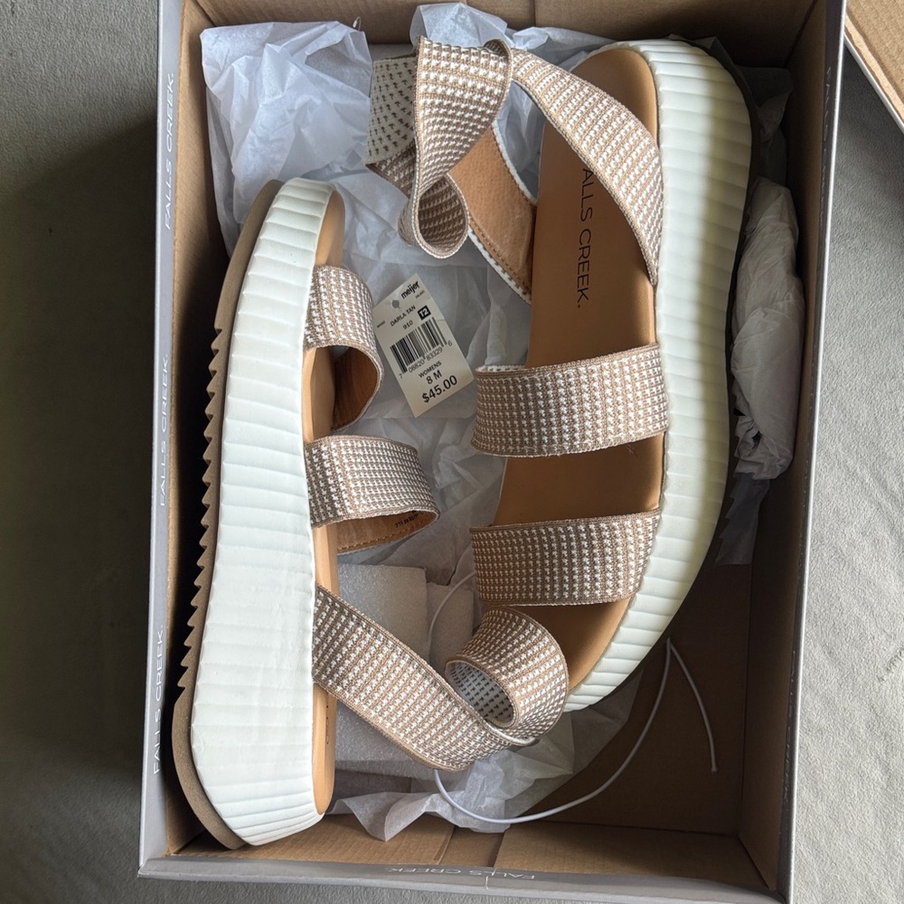 Beige Strappy Sandals with White Soles